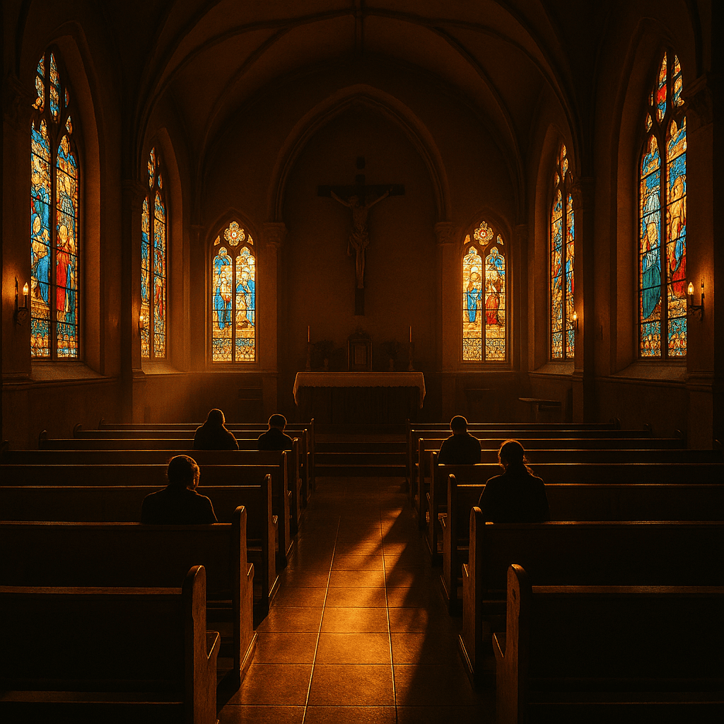 Igreja iluminada em momento de oração