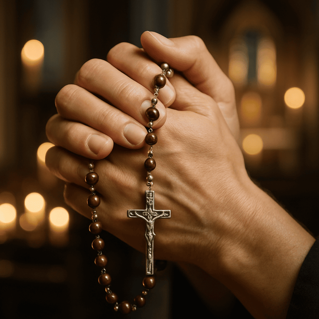 Mãos segurando um terço em oração